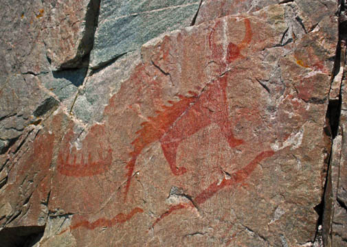 Mishipeshu
The Underwater Panther
A source of legends, this Ojibway pictograph represents the power and volatile nature of Lake Superior.
Agawa Rock, Ontario